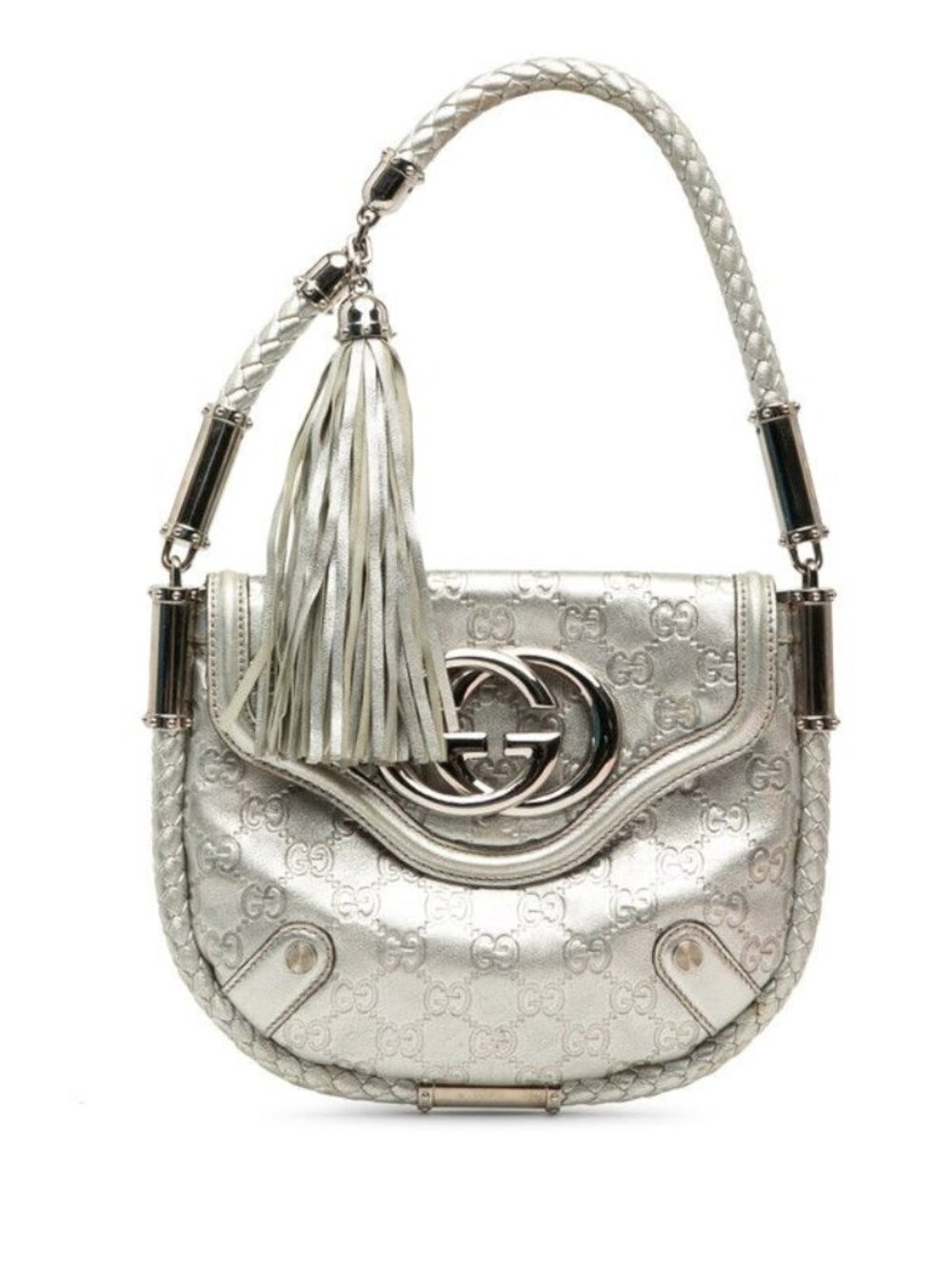 Gucci Guccissima Tassel Handbag Silver Leather